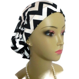 Hair Snood Black White Chevron Jersey Turban, Volumizer Chemo Headwear, Alopecia Head Scarf, Cancer Patent Hat, Summer Tichel Beach Cap,