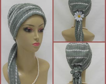 Breathable Knit Scarf Turban  Gray White Stripes 15"Ties Volumizer Chemo Headwear, Cancer Patient Hat, Alopecia Head Cover, Tichel,Beach Cap