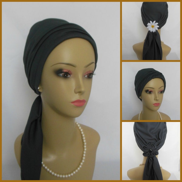 Jersey Scarf Turban Satin Slate Gray 13"Ties Volumizer Chemo Headwear, Cancer Patient Hat, Alopécie Head Cover, Tichel Mitpachat, Beach Cap