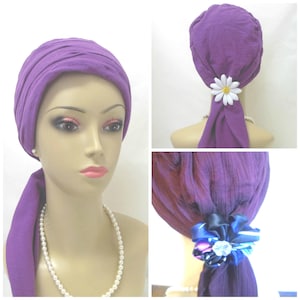 Scarf Turbans Deep Magenta Gauze, Volumizer Chemo Headwear 15&quot; Ties, Cancer Patient Hat, Tichel Hair Covering, Alopecia Cap, Beach Head Wear