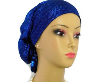 Metallic Royal Blue Hair Snood, Bling StretchyTurban, Volumizer Chemo Headwear, Cancer Patient Hat, Tichel Hair Covering Reg- Extra Large