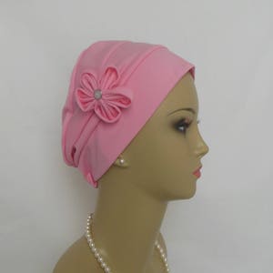 Satin Jersey Pillbox Turban, Dressy Chemo Headwear, Cancer Patient Hair Cover Gift, Tichel Mitpachat Hat, Alopecia Cap, Wedding head Wear Pink Sherbet