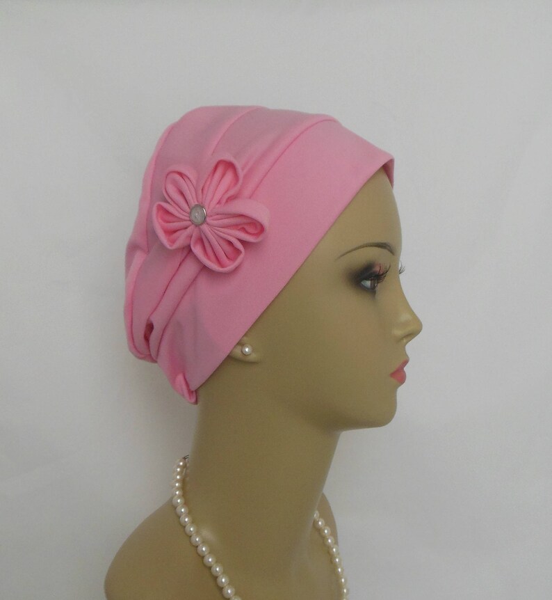 Satin Jersey Pillbox Turban, Dressy Chemo Headwear, Cancer Patient Hair Cover Gift, Tichel Mitpachat Hat, Alopecia Cap, Wedding head Wear Pink Sherbet