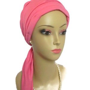 Scarf Turban: Deep Rose 14 Ties, Jersey Volumizer Chemo Headwear, Cancer Patient Hat,Alopecia Hair Cover, Tichel & Mitpachat Head Wrap image 2