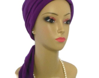 Purple Magenta Jersey Scarf Turban - 15" Ties, Volumizer Chemo Headwear, Cancer Patient Scarf, Alopecia Head Cover, Tichel Mitpachat,