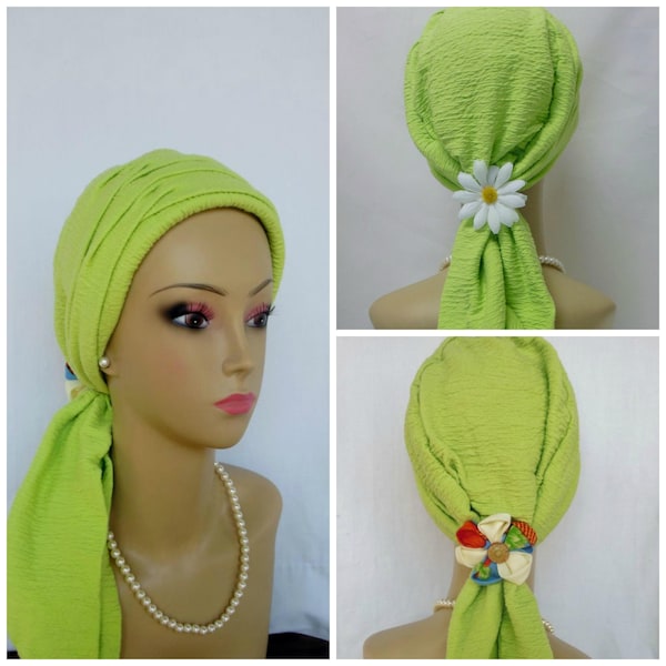 Neon Lime Green Jersey Scarf Turban 13"Ties, Volumizer Chemo Headwear, Alopecia Head Cover, Cancer Patient Hat, Tichel Mitpachat, Beach Cap