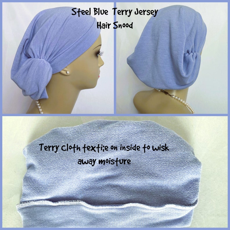 Lightweight Steel Blue Terry Hair Snood Jersey Turban, Volumizer Chemo Headwear, Cancer Patient Hair Cover, Tichel Mitpachat Head Wrap image 3