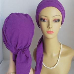 Scarf Turbans Deep Magenta Gauze, Volumizer Chemo Headwear 15 Ties, Cancer Patient Hat, Tichel Hair Covering, Alopecia Cap, Beach Head Wear image 4