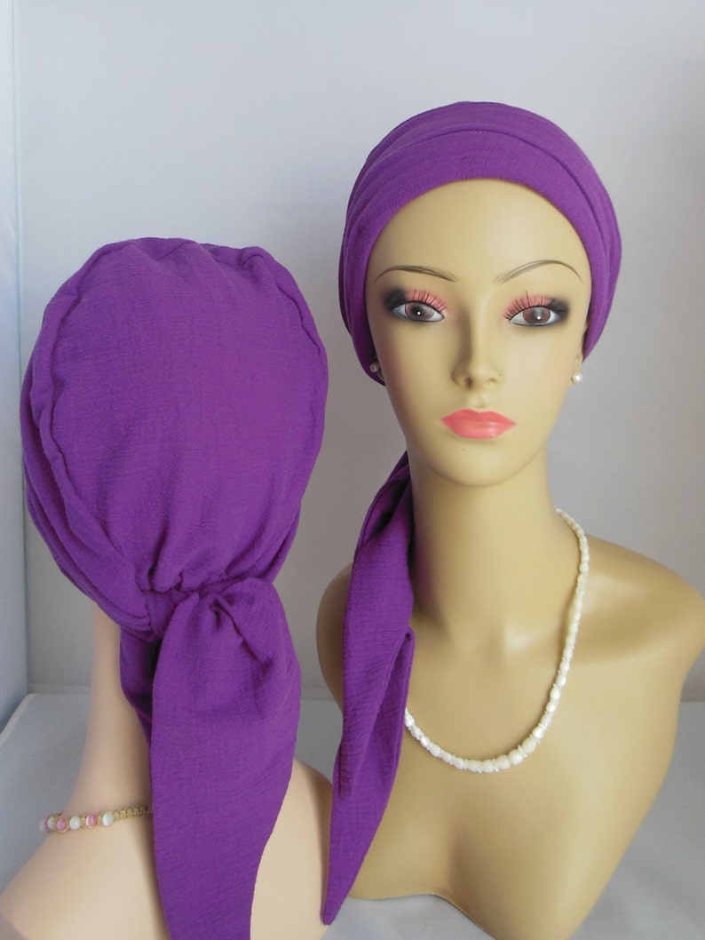 Scarf Turbans Deep Magenta Gauze, Volumizer Chemo Headwear 15 Ties, Cancer Patient Hat, Tichel Hair Covering, Alopecia Cap, Beach Head Wear image 4