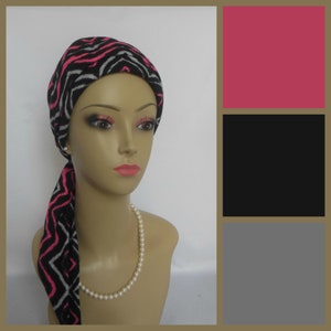 Jersey Scarf Turban:Pink Fuchsia Black Chevron Jersey 14&quot;Ties Volumizer Chemo Headwear, Cancer Patient Hat Gift, Alopecia Head Wear, Tichel