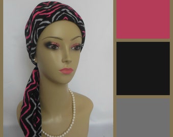 Jersey Scarf Turban:Pink Fuchsia Black Chevron Jersey 14"Ties Volumizer Chemo Headwear, Cancer Patient Hat Gift, Alopecia Head Wear, Tichel