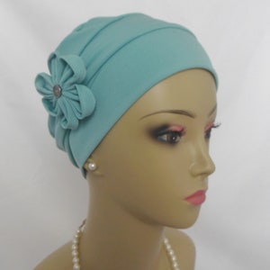 Satin Jersey Pillbox Turban, Dressy Chemo Headwear, Cancer Patient Hair Cover Gift, Tichel Mitpachat Hat, Alopecia Cap, Wedding head Wear Sea Foam Green