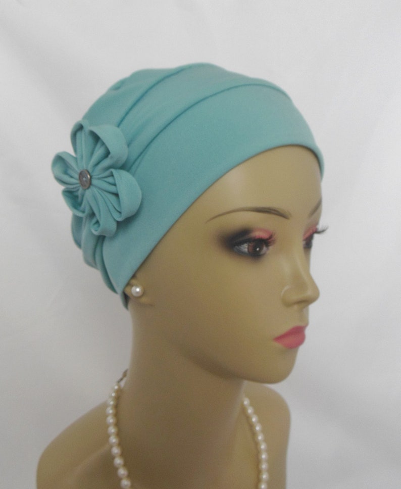 Satin Jersey Pillbox Turban, Dressy Chemo Headwear, Cancer Patient Hair Cover Gift, Tichel Mitpachat Hat, Alopecia Cap, Wedding head Wear Sea Foam Green