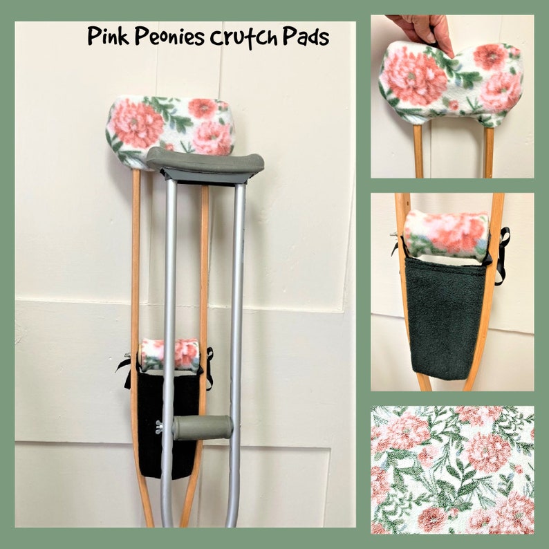 Pink Peonies Fleece Crutch Pads, Plush Peach Roses Fleece Crutch Wraps image 7