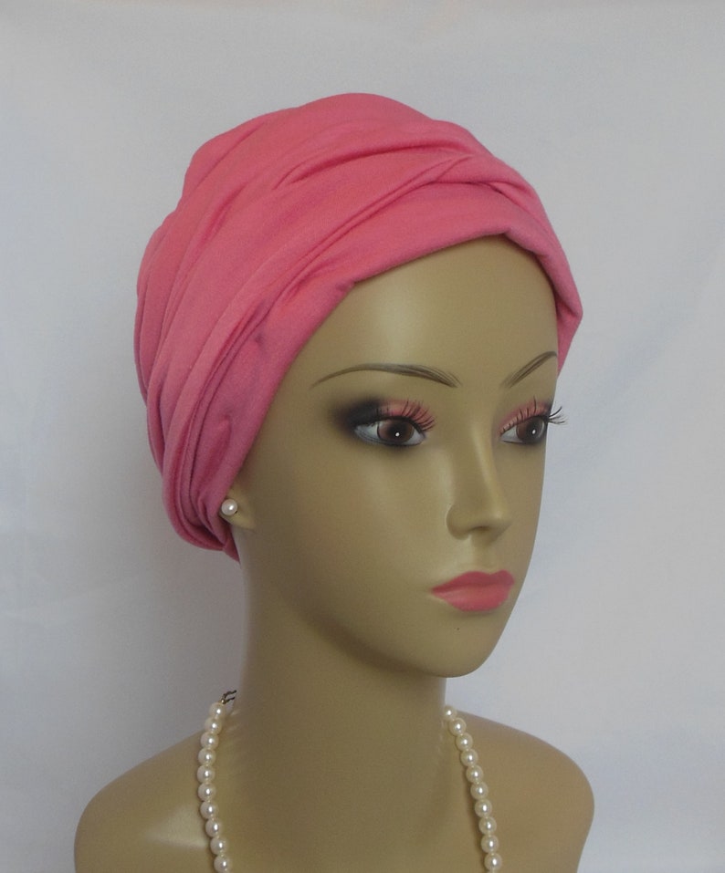 Scarf Turban: Deep Rose 14 Ties, Jersey Volumizer Chemo Headwear, Cancer Patient Hat,Alopecia Hair Cover, Tichel & Mitpachat Head Wrap image 7