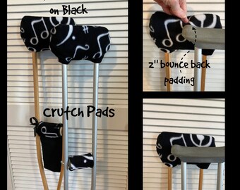 White Music Notes on Black Crutch Pads, 2" bounce Back Padding Crutch Wraps, Crutch Phone Tote, Toe Bootie Volleyball Cast Sock, Washable