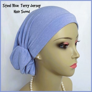 Lightweight Steel Blue Terry Hair Snood Jersey Turban, Volumizer Chemo Headwear, Cancer Patient Hair Cover, Tichel Mitpachat Head Wrap image 1