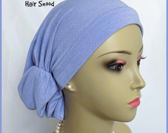 Lightweight Steel Blue Terry Hair Snood Jersey Turban, Volumizer Chemo Headwear, Cancer Patient Hair Cover, Tichel Mitpachat Head Wrap