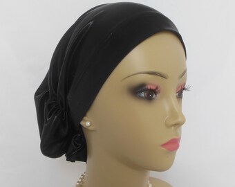 Snood Jersey Turban, Shimmering Satin Liquid Black Chemo Headwear,  Cancer Patient Hat Gift, Hair Covering, Tichel & Mitpachat Head Wrap