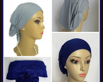 Hair Snood Diamond Satin Jersey Turban Silver Gray or Midnight Blue , Chemo Volumizer Headwear, Cancer Patient, Tichel Hair Cover, Med - Lg