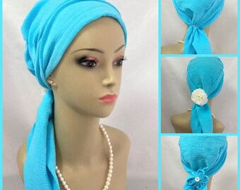 Crystal Blue Gauze Scarf Turban Volumizer Chemo Headwear, Cancer Patient Hat, Alopecia Head Cover, Tichel Hair Wrap, Beach Scarf Cancer gift