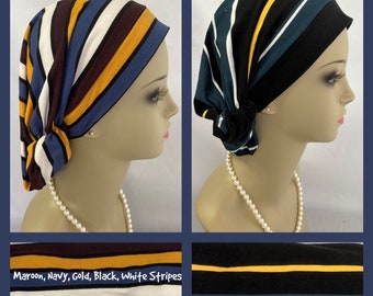 Hair Snood Black Taupe Stripe Jersey Turban  Volumizer Chemo Headwear, Extra Length Cancer Patient Hat, Tichel Mitpachat Hair Cover Reg-XL