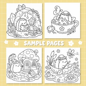 May include: Four black and white colouring pages featuring hedgehogs in various scenes. One shows a hedgehog reading in a crystal cave, another in a teacup with strawberries, one by a mushroom house, and one rowing a leaf boat on a pond.