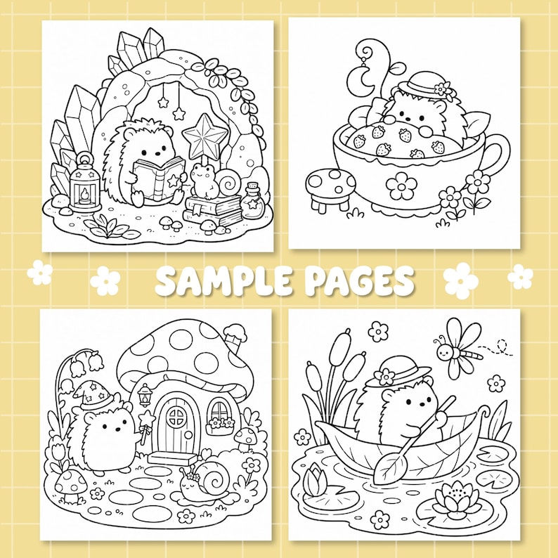 May include: Four black and white colouring pages featuring hedgehogs in various scenes. One shows a hedgehog reading in a crystal cave, another in a teacup with strawberries, one by a mushroom house, and one rowing a leaf boat on a pond.