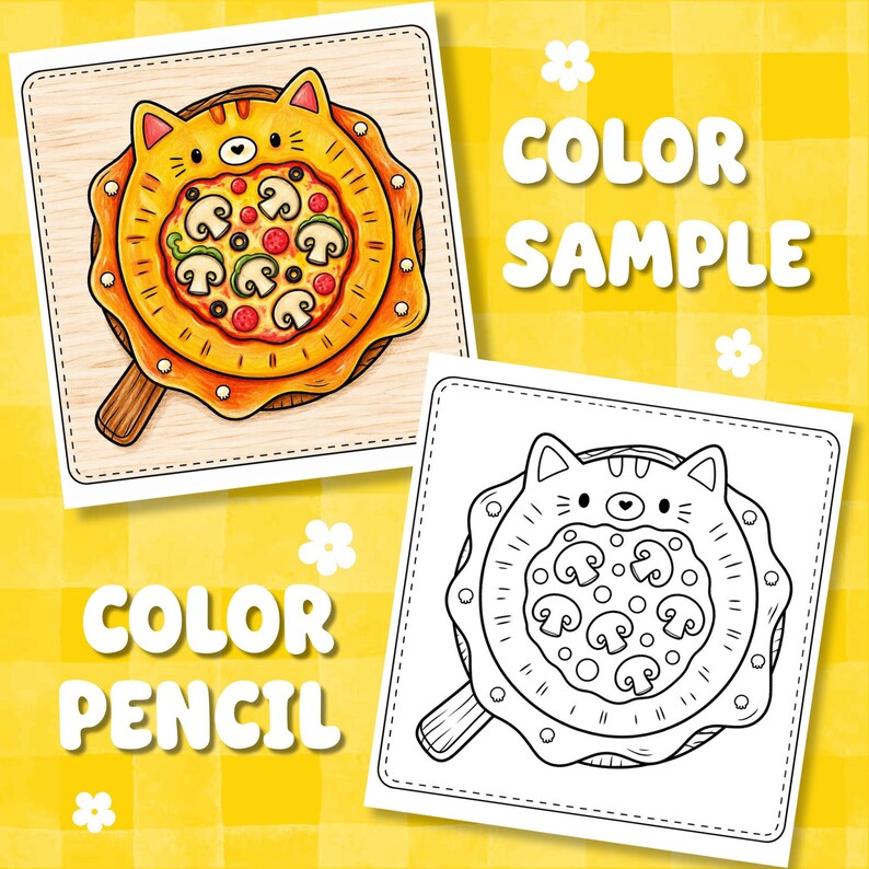 May include: A coloring page set featuring a cat-shaped pizza illustration with mushrooms and pepperoni. One square shows a full-color version, while the other is a black and white line art version. The text COLOR SAMPLE and COLOR PENCIL are visible.