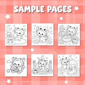 May include: Six black and white colouring pages featuring a character wearing a crab costume. The pages show the character interacting with moons, stars, shells, a cauldron, a book, and a house. The text SAMPLE PAGES is at the top in white.