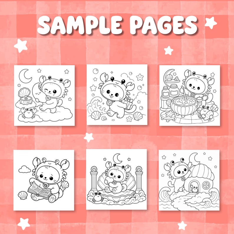 May include: Six black and white colouring pages featuring a character wearing a crab costume. The pages show the character interacting with moons, stars, shells, a cauldron, a book, and a house. The text SAMPLE PAGES is at the top in white.