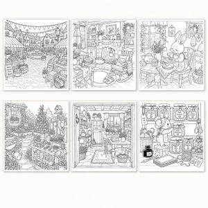 Peut inclure: Six pages de coloriage en noir et blanc pr&eacute;sentant des illustrations d&eacute;taill&eacute;es de diverses sc&egrave;nes. Les sc&egrave;nes comprennent une place de march&eacute;, un salon confortable, un lapin &agrave; table, un jardin, un atelier de poterie et une souris avec des pots de confiture.