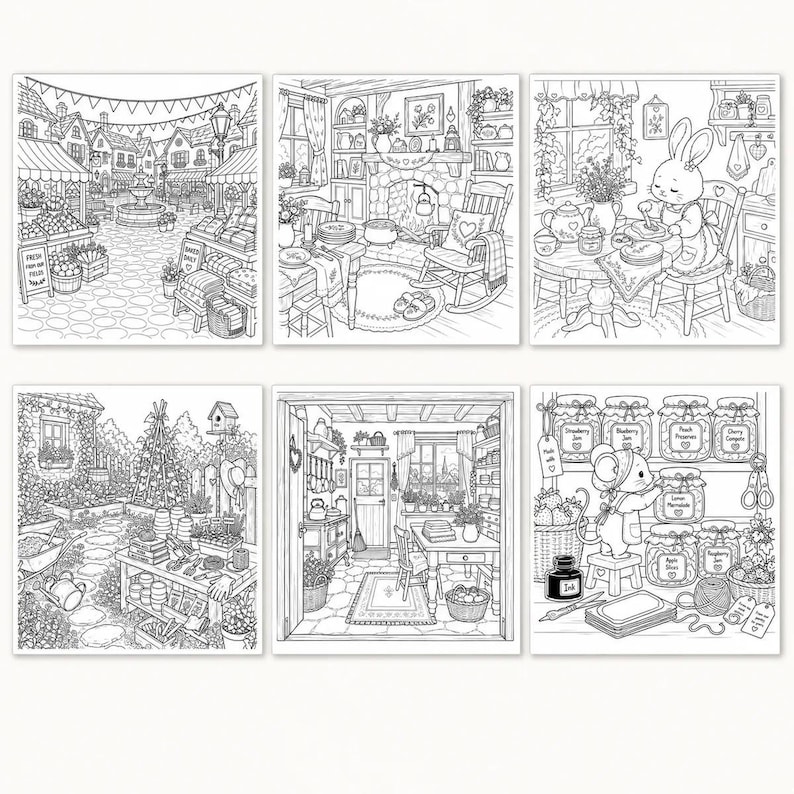 Peut inclure: Six pages de coloriage en noir et blanc pr&eacute;sentant des illustrations d&eacute;taill&eacute;es de diverses sc&egrave;nes. Les sc&egrave;nes comprennent une place de march&eacute;, un salon confortable, un lapin &agrave; table, un jardin, un atelier de poterie et une souris avec des pots de confiture.