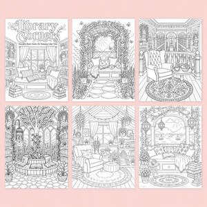 May include: Six black and white coloring book pages featuring detailed illustrations of cozy library corners and relaxing spaces. Each page showcases unique scenes with books, furniture, and floral accents, perfect for coloring enthusiasts.