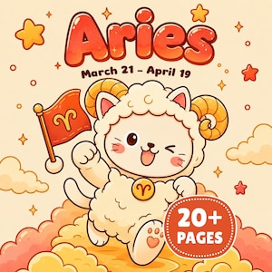 Könnte beinhalten: Eine Illustration zum Thema Widder mit einer Cartoon-Katze, die als Widder verkleidet ist und eine Flagge mit dem Widder-Symbol hält. Das Bild enthält den Text "Aries" in Orange, die Daten "21. März - 19. April" und ein "20+ PAGES"-Abzeichen.