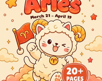 Livro de colorir imprimível do Gato de Áries, páginas kawaii do zodíaco e galáxia para adultos e crianças.