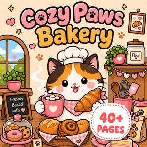 May include: A colorful illustration titled Cozy Paws Bakery featuring a calico cat wearing a chef hat, holding a pink mug with marshmallows and a croissant. The scene includes a basket of baked goods, a chalkboard sign, and text reading 40+ PAGES.