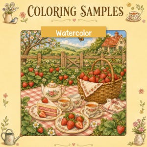 May include: A coloring sample sheet titled COLORING SAMPLES with the text Watercolor. The illustration depicts a picnic scene with a basket of strawberries, a teapot, teacups, and a slice of cake on a red and white checkered tablecloth.
