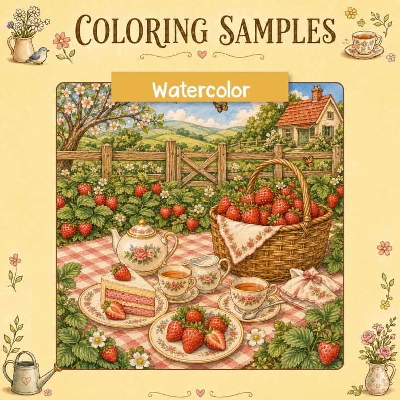 May include: A coloring sample sheet titled COLORING SAMPLES with the text Watercolor. The illustration depicts a picnic scene with a basket of strawberries, a teapot, teacups, and a slice of cake on a red and white checkered tablecloth.