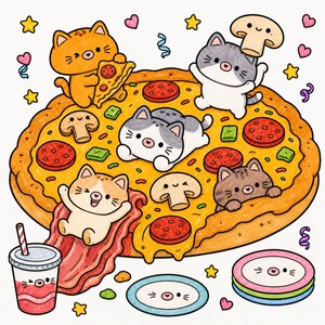 May include: A large pizza topped with pepperoni, green peppers, and mushrooms, featuring five cartoon cats interacting with the food. One cat holds a slice, another wears a mushroom, and one slides down a bacon strip into a drink cup.