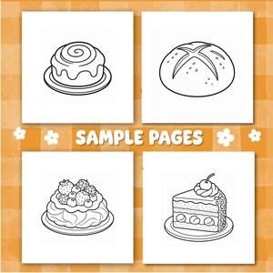 May include: Four square coloring pages featuring black and white line art of baked goods. The images include a cinnamon roll, a round loaf of bread, a berry-topped dessert, and a slice of cake with a cherry. The text SAMPLE PAGES is centered.