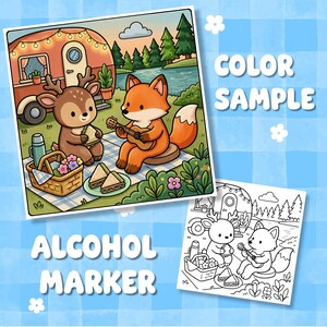 Puede incluir: Un conjunto de p&aacute;ginas para colorear con una ilustraci&oacute;n a color y una versi&oacute;n en blanco y negro de un ciervo y un zorro haciendo un picnic cerca de una caravana. El texto COLOR SAMPLE y ALCOHOL MARKER aparece sobre un fondo azul a cuadros.