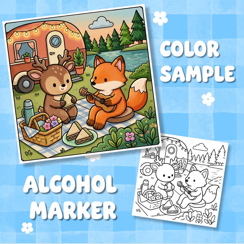 Puede incluir: Un conjunto de p&aacute;ginas para colorear con una ilustraci&oacute;n a color y una versi&oacute;n en blanco y negro de un ciervo y un zorro haciendo un picnic cerca de una caravana. El texto COLOR SAMPLE y ALCOHOL MARKER aparece sobre un fondo azul a cuadros.