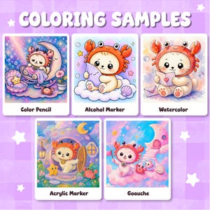 May include: A display of five colouring samples featuring a character in a crab costume. The images are labelled Colour Pencil, Alcohol Marker, Watercolour, Acrylic Marker, and Gouache. The text COLOURING SAMPLES appears at the top of the image.