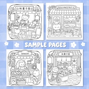 Puede incluir: Una colecci&oacute;n de cuatro p&aacute;ginas para colorear en blanco y negro con animales antropom&oacute;rficos en tiendas. Las escenas incluyen una dulcer&iacute;a japonesa, una panader&iacute;a francesa, una panader&iacute;a general y un vendedor ambulante con etiquetas.
