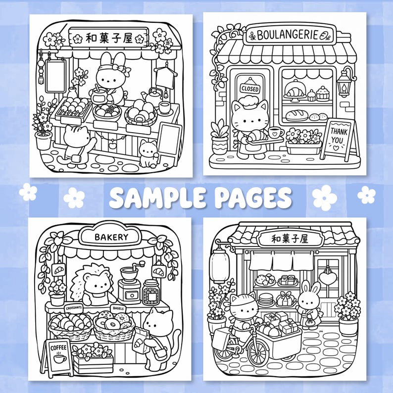 Puede incluir: Una colecci&oacute;n de cuatro p&aacute;ginas para colorear en blanco y negro con animales antropom&oacute;rficos en tiendas. Las escenas incluyen una dulcer&iacute;a japonesa, una panader&iacute;a francesa, una panader&iacute;a general y un vendedor ambulante con etiquetas.