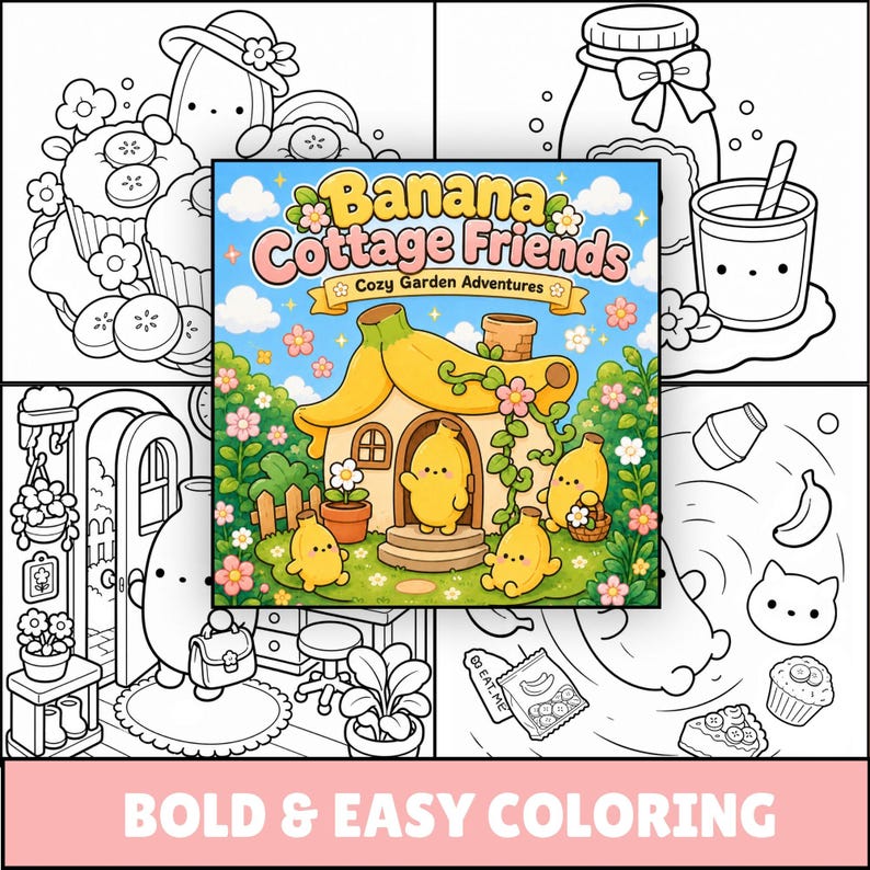 以下が含まれることがあります： 「Banana Cottage Friends Cozy Garden Adventures」というタイトルの塗り絵の表紙。黄色いバナナ型の家、4体の小さなバナナのキャラクター、緑の茂み、ピンクの花が青い空の下に描かれており、その周囲を白黒の線画ページが囲んでいる。