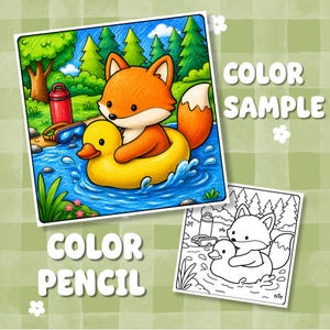 Puede incluir: Una ilustraci&oacute;n a color y un dibujo de l&iacute;neas en blanco y negro de un zorro flotando en un flotador de pato amarillo sobre agua azul. La escena incluye una botella roja, gafas azules, &aacute;rboles verdes y el texto COLOR SAMPLE y COLOR PENCIL.