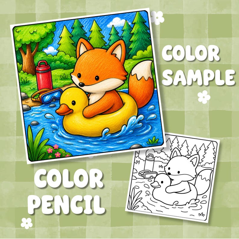 Puede incluir: Una ilustraci&oacute;n a color y un dibujo de l&iacute;neas en blanco y negro de un zorro flotando en un flotador de pato amarillo sobre agua azul. La escena incluye una botella roja, gafas azules, &aacute;rboles verdes y el texto COLOR SAMPLE y COLOR PENCIL.