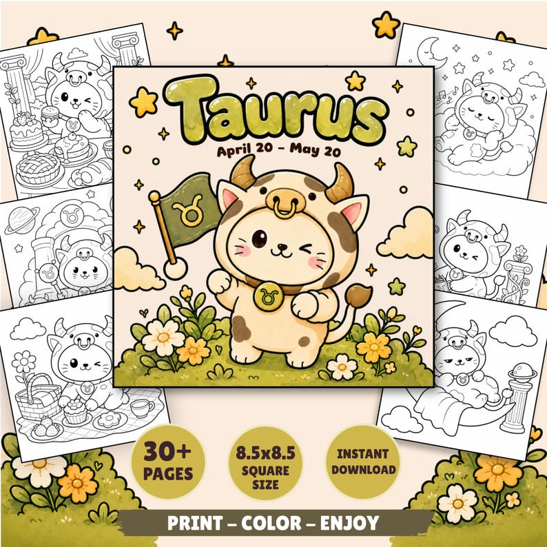 May include: A digital coloring book featuring a Taurus zodiac theme with over 30 pages in an 8.5x8.5 inch square format. The cover displays a cartoon character in a bull costume holding a flag with the Taurus symbol, surrounded by flowers.